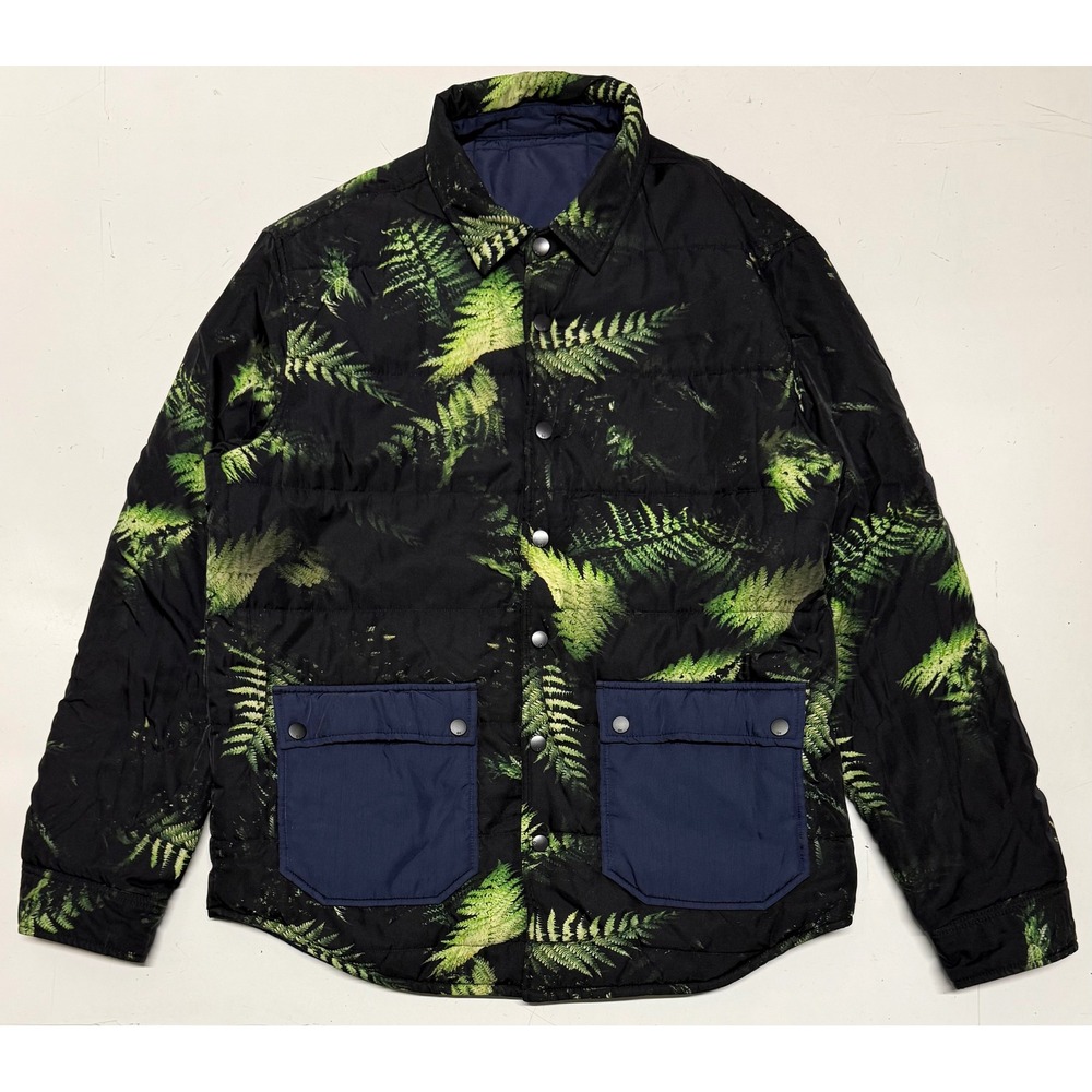Outerknown Reversible Quilted Down Shirt Jacket Mens Large Fern Print Navy L‎
